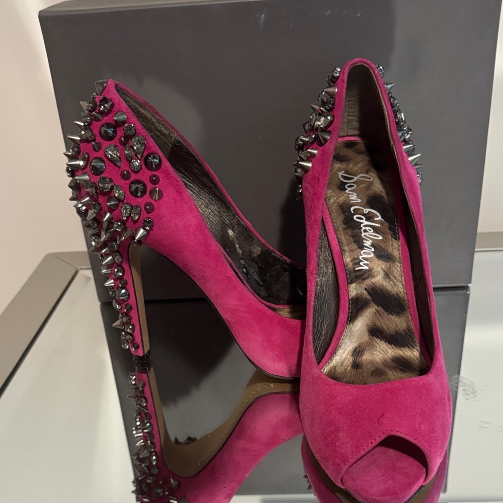 Sam Edelman Magenta Suede Peep-Toe Pumps with Spike Embellishments